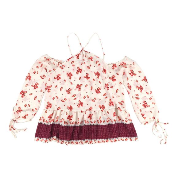 New Sienna Sky Halter Strap Floral Print Cold Shoulder Blouse Large Cream Red L - Picture 1 of 7